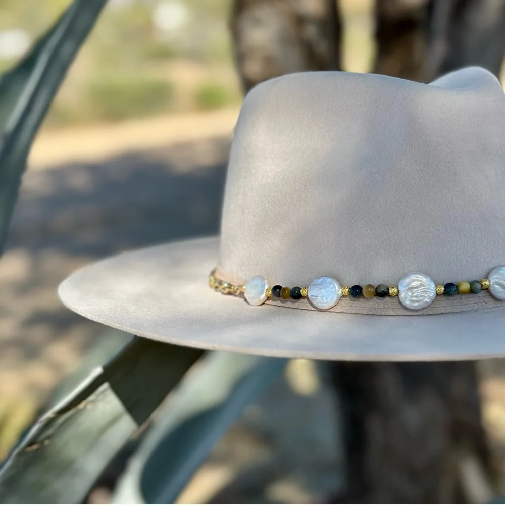 Freshwater Pearl and Tigers Eye Hat Band - Picture 3 of 10